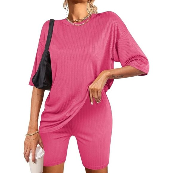 Ekouaer 2 Piece Lounge Set Pink Biker Shorts Shirt Ribbed Knit - Picture 2 of 12